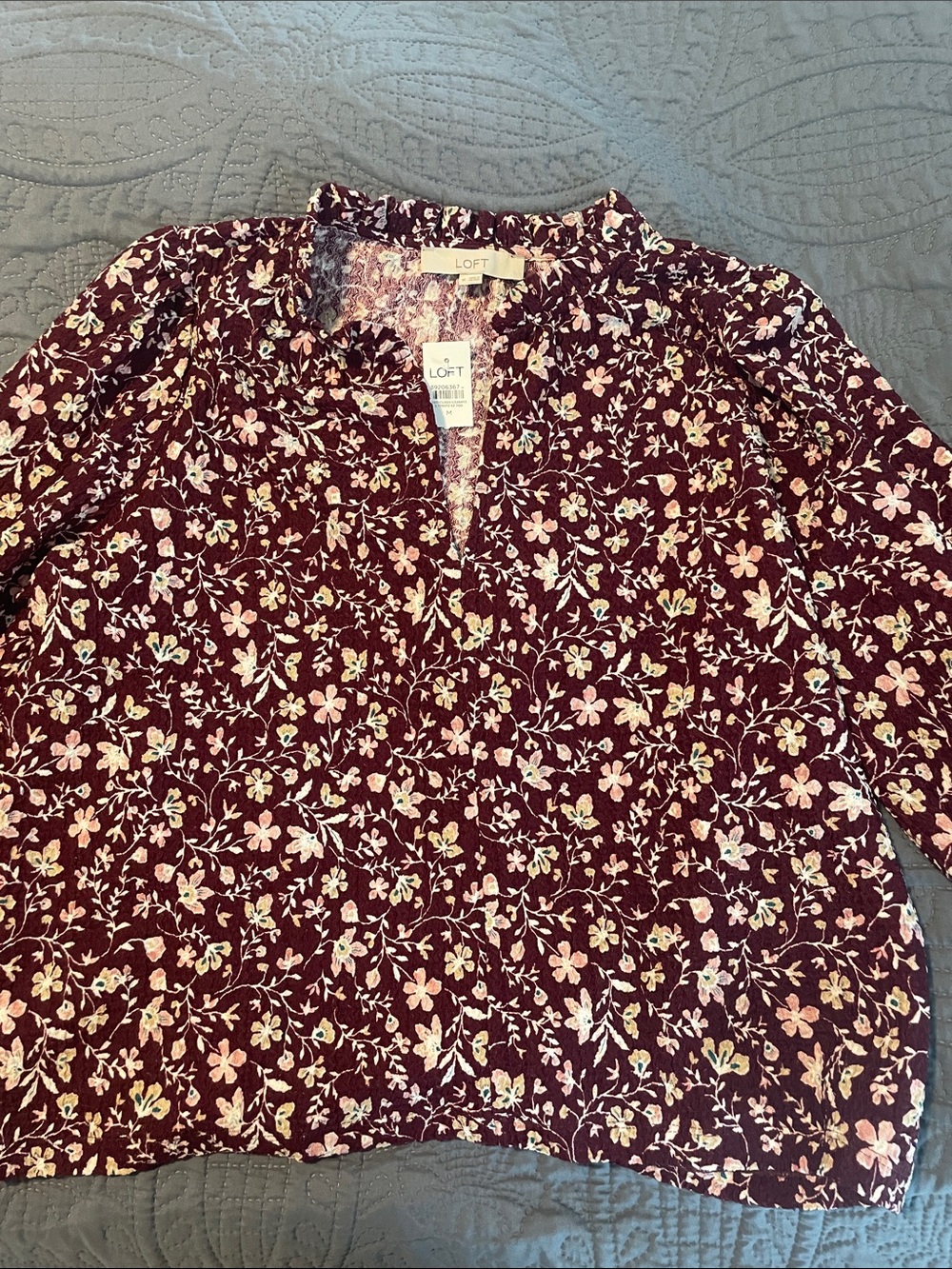 LOFT Burgundy Floral Split V-Neck Blouse